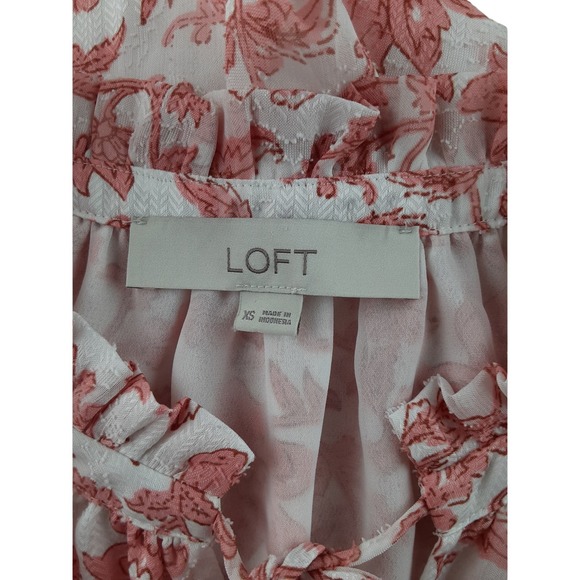 Loft Womens Pink White Floral Short Flutter Sleeve Blouse Lined Ruffle XS - Picture 8 of 9